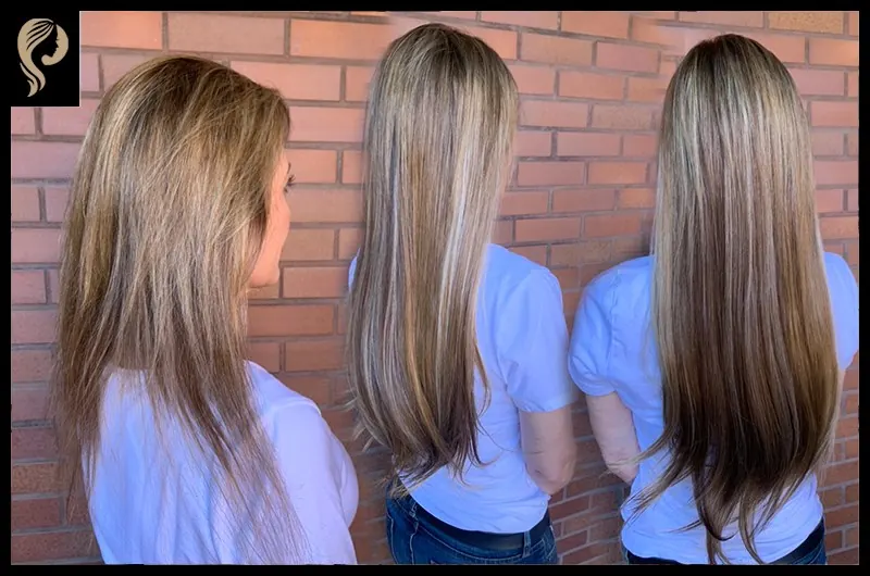 Before and after hair extensions by Alisa Pose